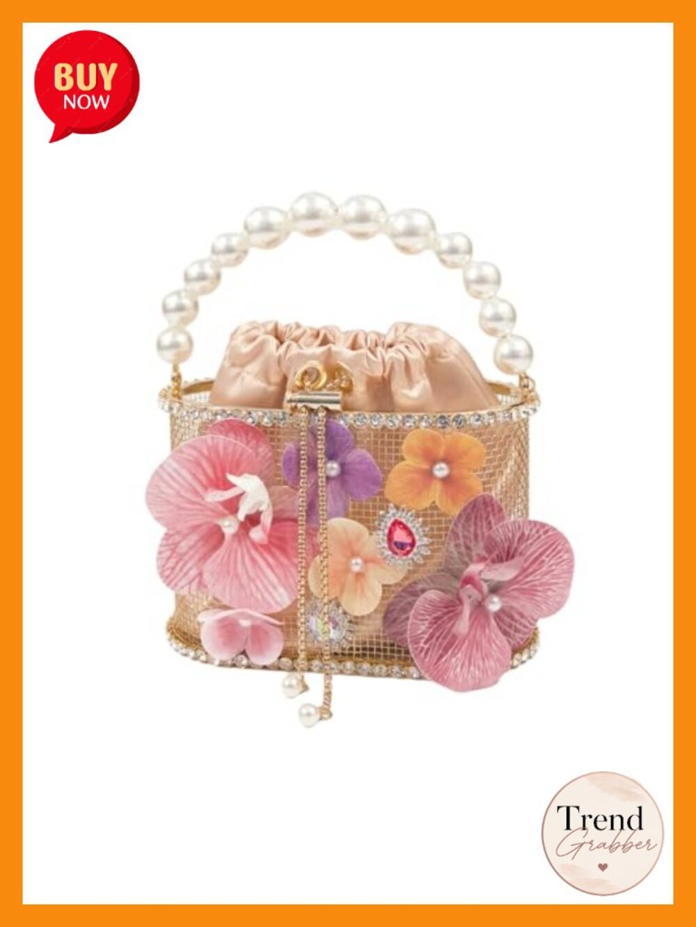 Rhinestone Flower Evening Clutch with Pearl Handle
